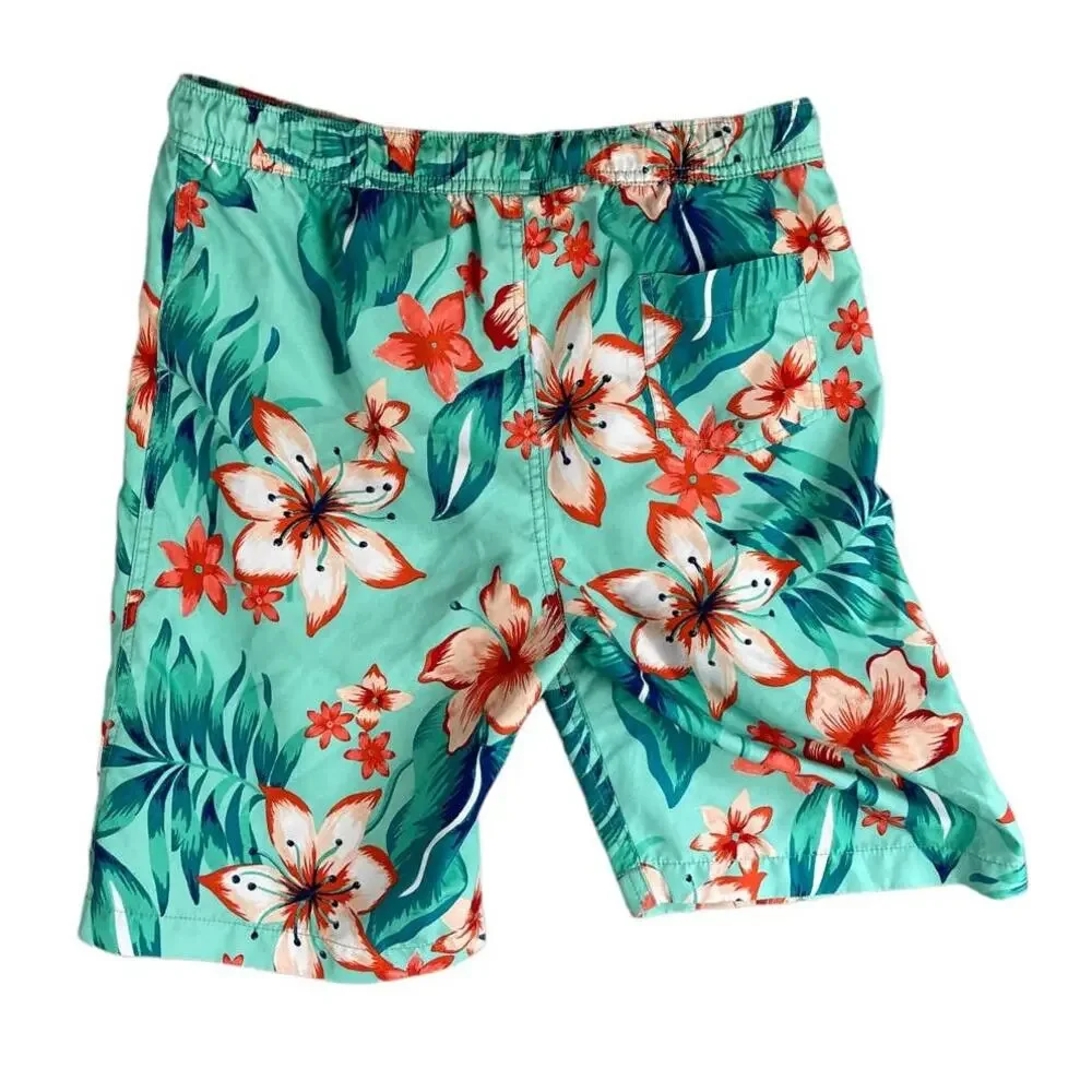 Lands' End Big Boys 18-20 Hawaiian Board Shorts Drawstring Green Floral